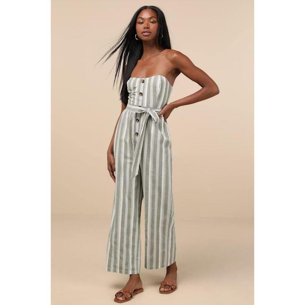 Lulus Sunny Day Classic Sage And White Striped Strapless Jumpsuit Green - Size S
